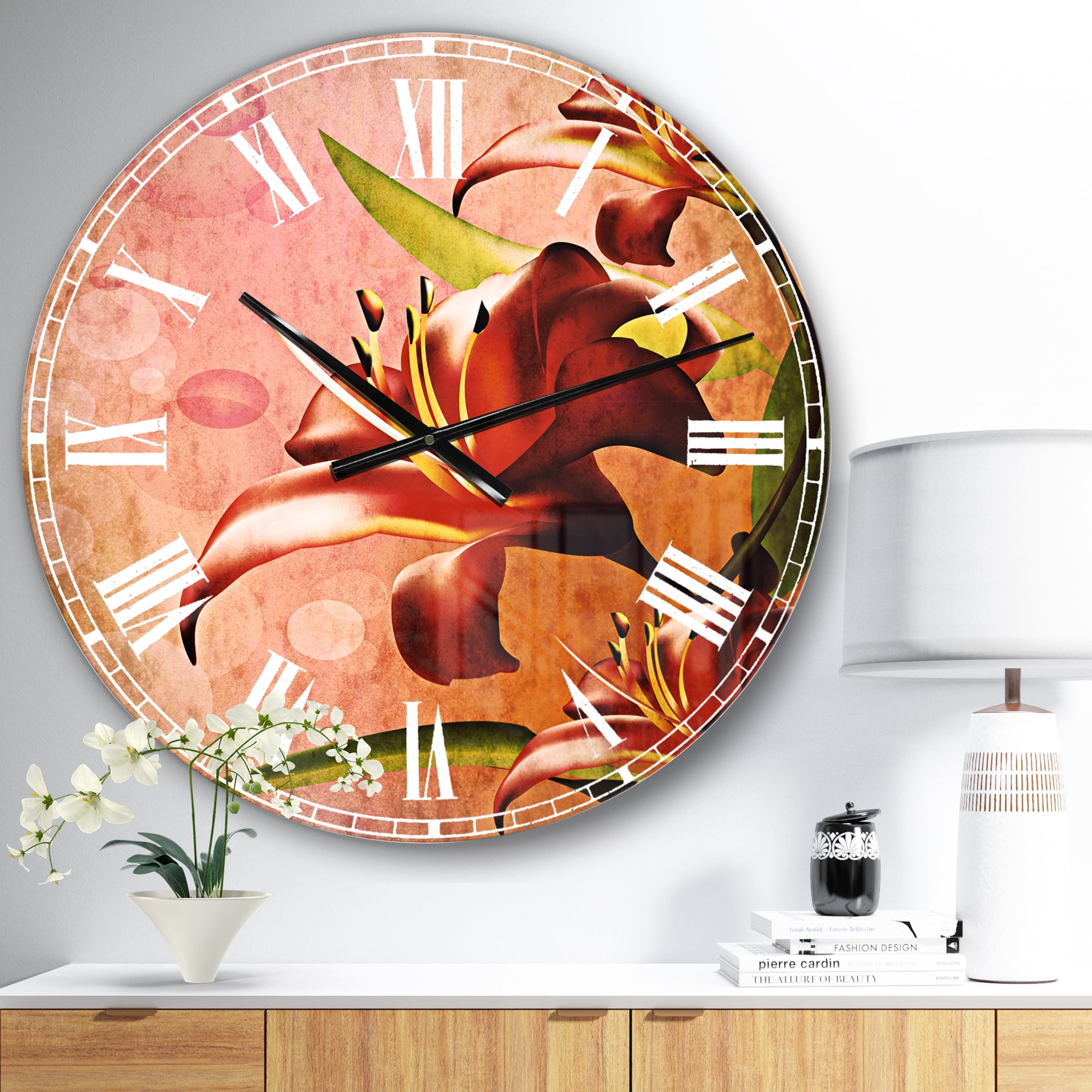 Designart 'Beautiful Vector Flower on Pink' Traditional wall clock