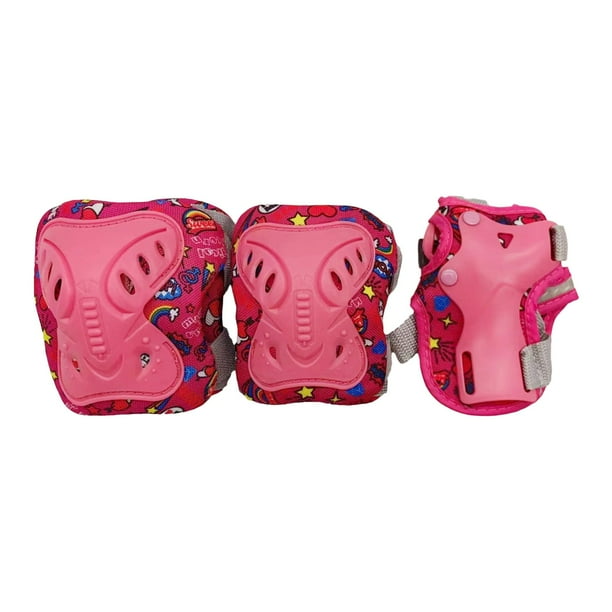 Conjunto de equipo de protección para niños, rodilleras, coderas, muñequeras, portátiles para niños gruesos Rosa Cola rodilleras