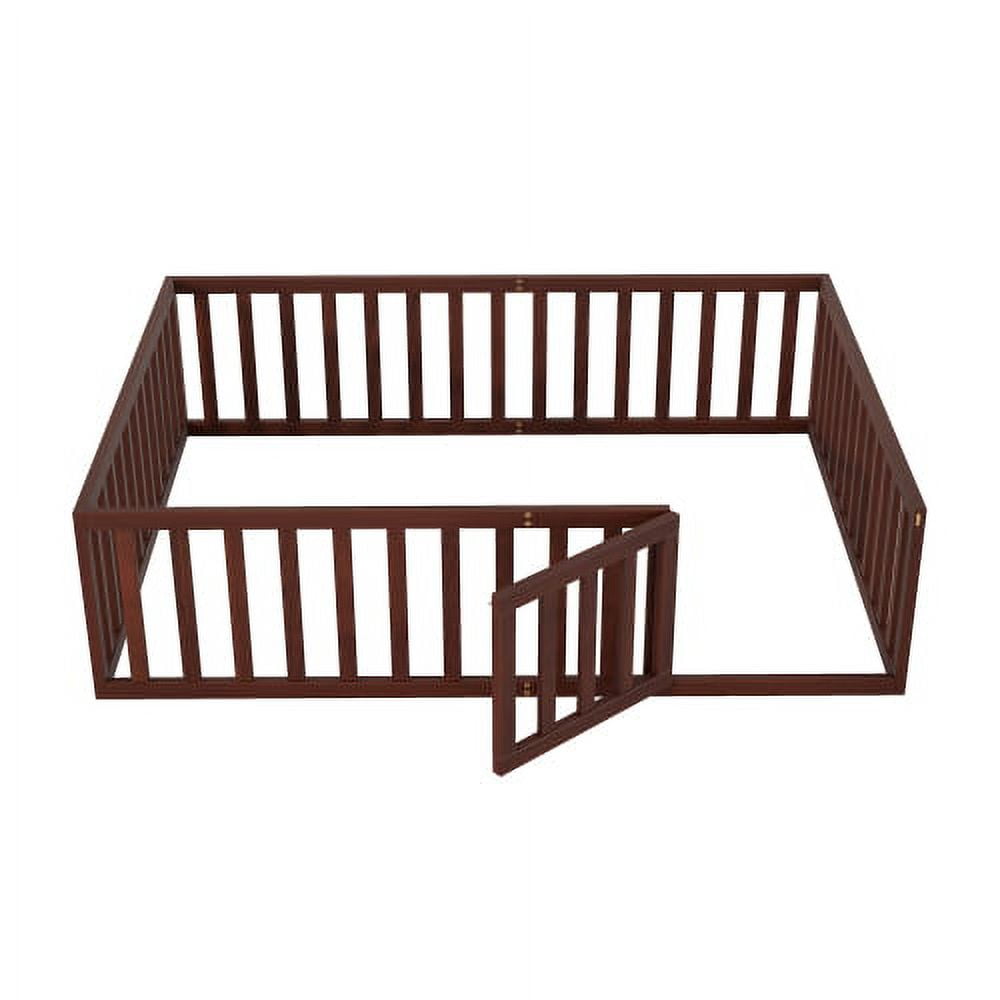 Queen Size Floor Bed for Kids, Wood Queen Montessori Bed Frame with Fence Guardrails and & Support Slats, Queen Playhouse Bed with Door Design, Kids Fence Bed Playpen Bed for Boys ,Girls, Walnut