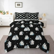 Manfei Teens Antarctic Penguin Full Size Comforter Sets, Mystic Stars Print Bedding Comforter Set, Black Cartoon Style Reversible Bedding Sets, Ultra Soft Home Decor, 3 Pieces