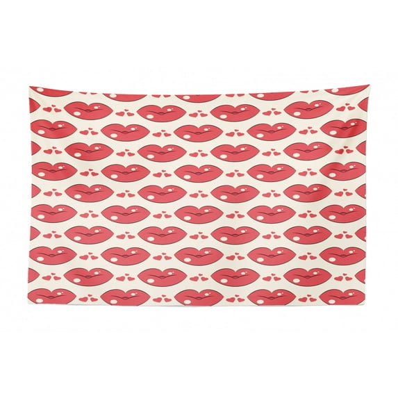 Kissing Tapestry, Happy Valentine's Day Calligraphy Cartoon Couple in Outdoor Scenery Backdrop, Fabric Wall Hanging Decor for Bedroom Living Room Dorm, 2 Sizes, Multicolor, by Ambesonne