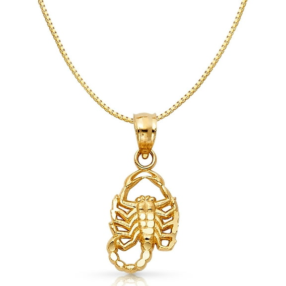 14K Yellow Solid Gold Scorpion Charm Pendant with 1mm Box Chain Necklace - 16"