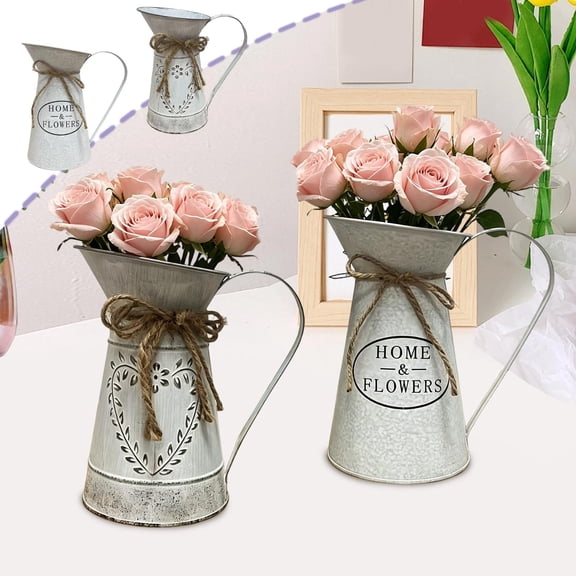 YiJuHui Galvanized Metal Pitcher Vase, White Iron Watering Can Flower Holder, Shabby Decor for Home Table Mantel