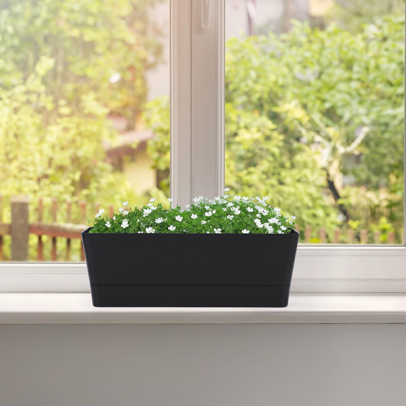 12x3.8 Inch Herb Planters with Tray, Rectangle Window Boxes for Indoor Succulent Cactus, Mint, Windowsill, Balcony, Office, Outdoor Garden Pots Black
