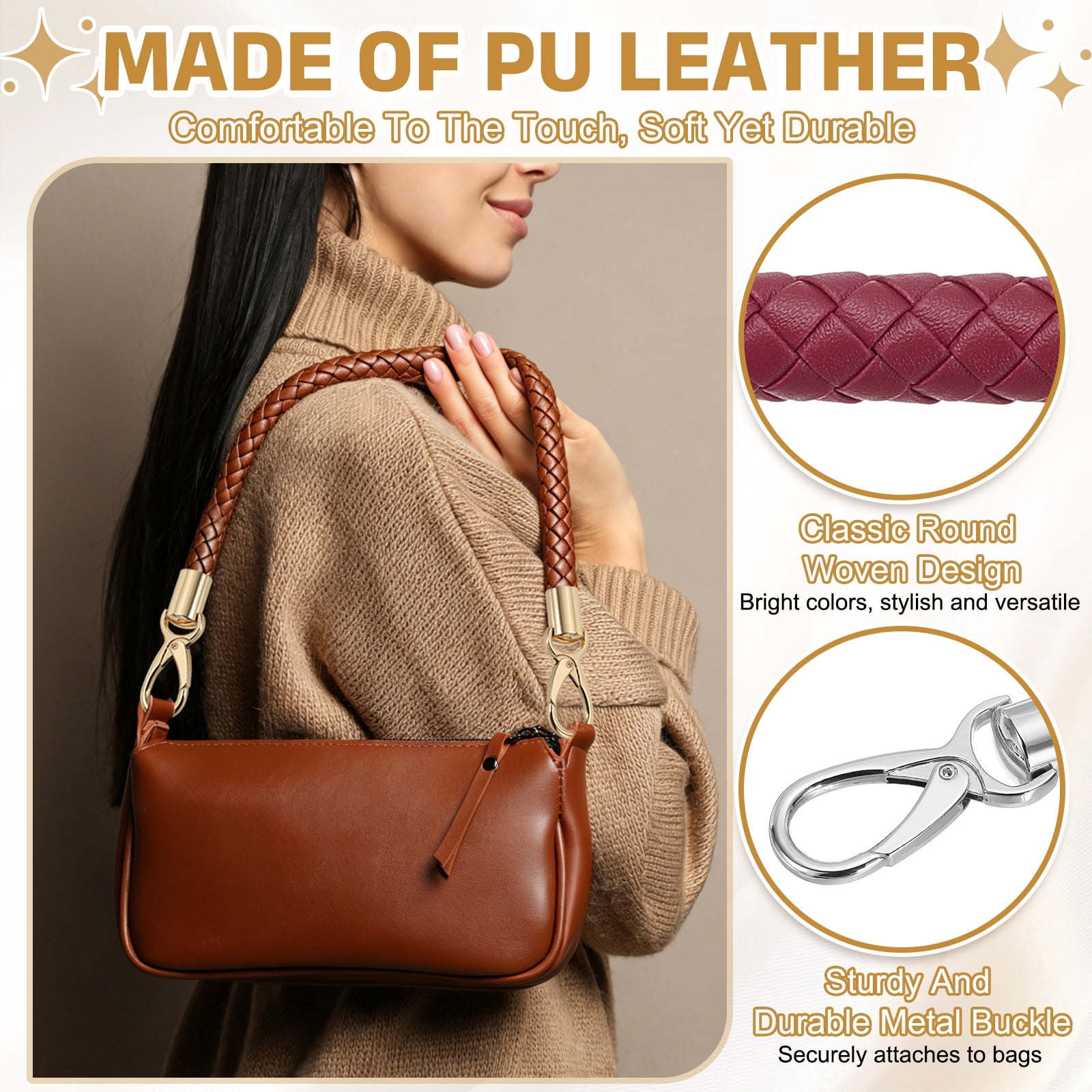 Uxcell 2 Pcs Braided Purse Strap, 65cm 25.6" PU Leather Shoulder Purse Strap for Handbag Bag Handle Replacement for DIY Making Handbag Underarm Bag, Burgundy (Silver Buckle)