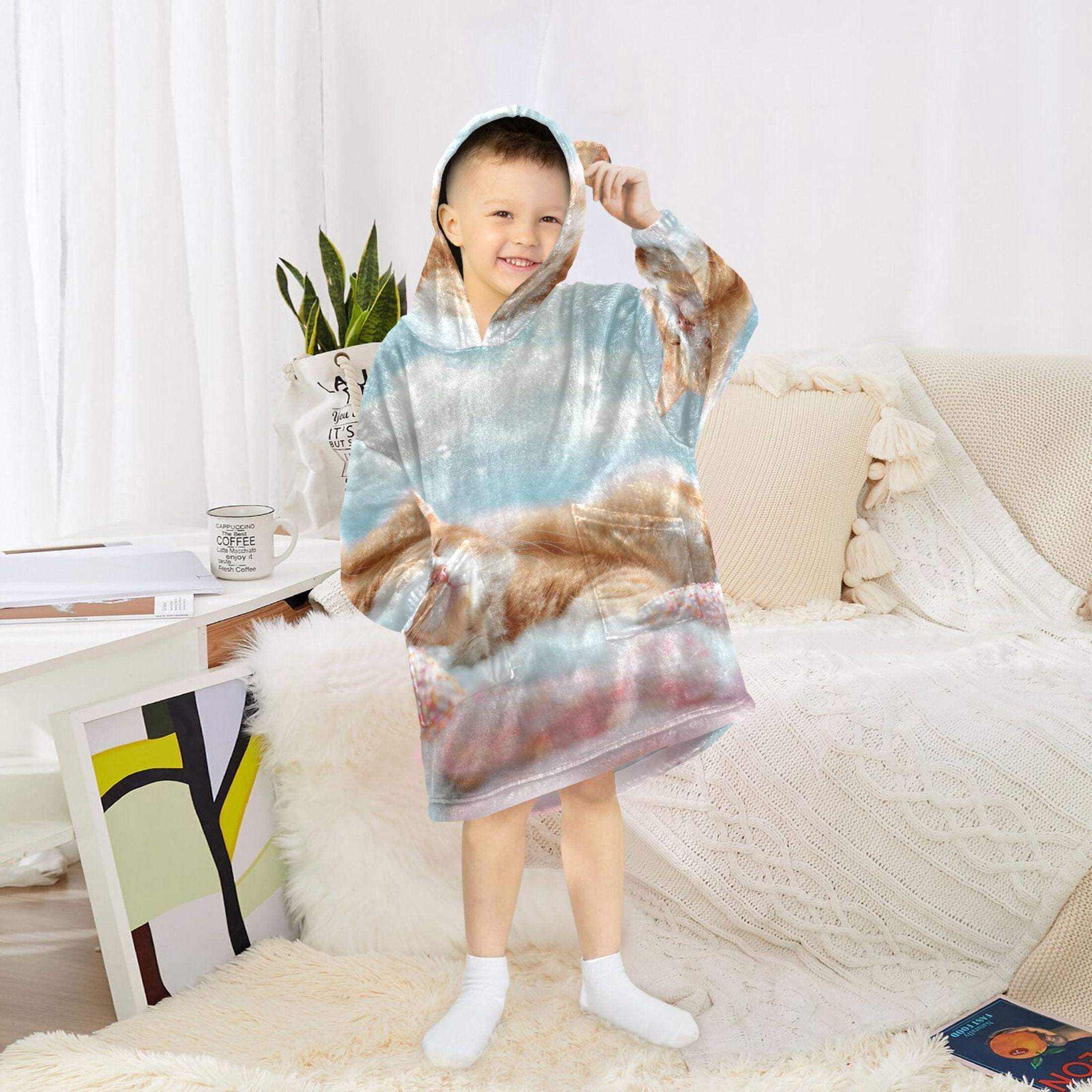joogoo Wearable Blanket Hoodie for Kids Cute Cat Sleeping with Donuts Flannel Oversized Sweatshirt 3-14 Years M