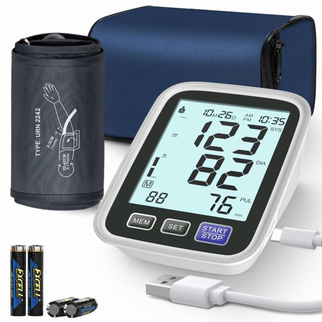 Tensiómetro de brazo, brazalete de 23 a 43 cm, apto para brazos medianos y grandes, kit digital automático y preciso para uso doméstico, monitor de presión arterial con modo para 2 usuarios, 4 pilas a