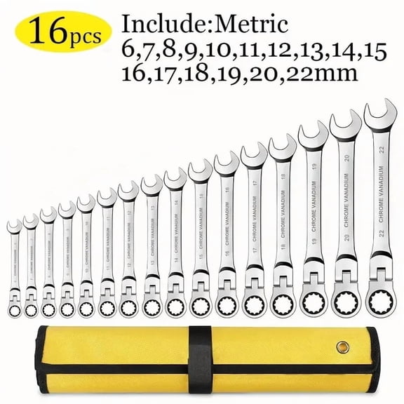 16PC Metric Ratchet Wrench Set 6-22mm - Chrome Vanadium Steel Toolkit with Roll Bag for Auto Repair