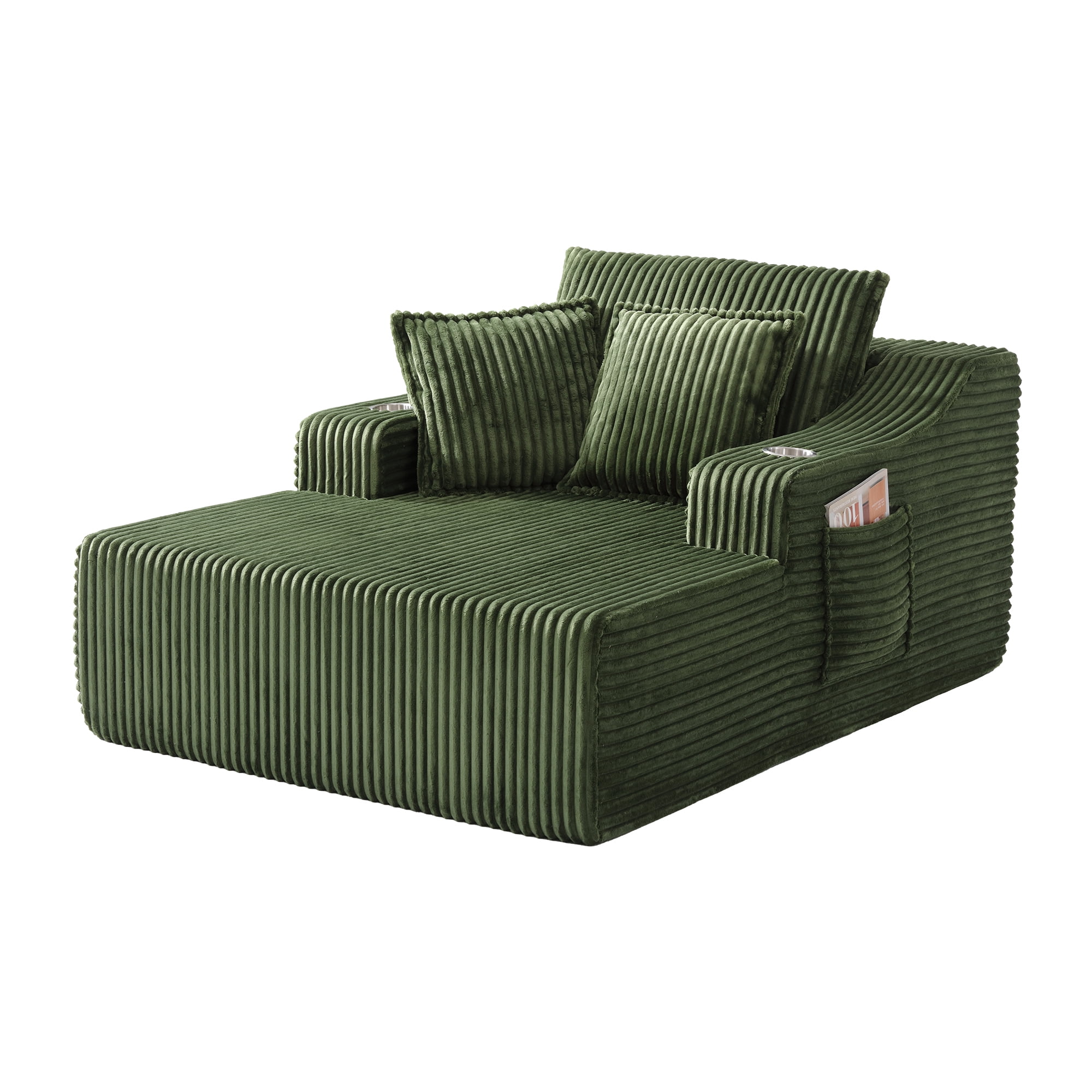 Leumius Oversized Chaise Lounge Chair Indoor,67'' Faux Fur Upholstered Boneless Sofa Bed,Deep Seat Sleeper Cloud Sofa with Cup Holders & 3 Pillows for Living Room, No Assembly Required,Green