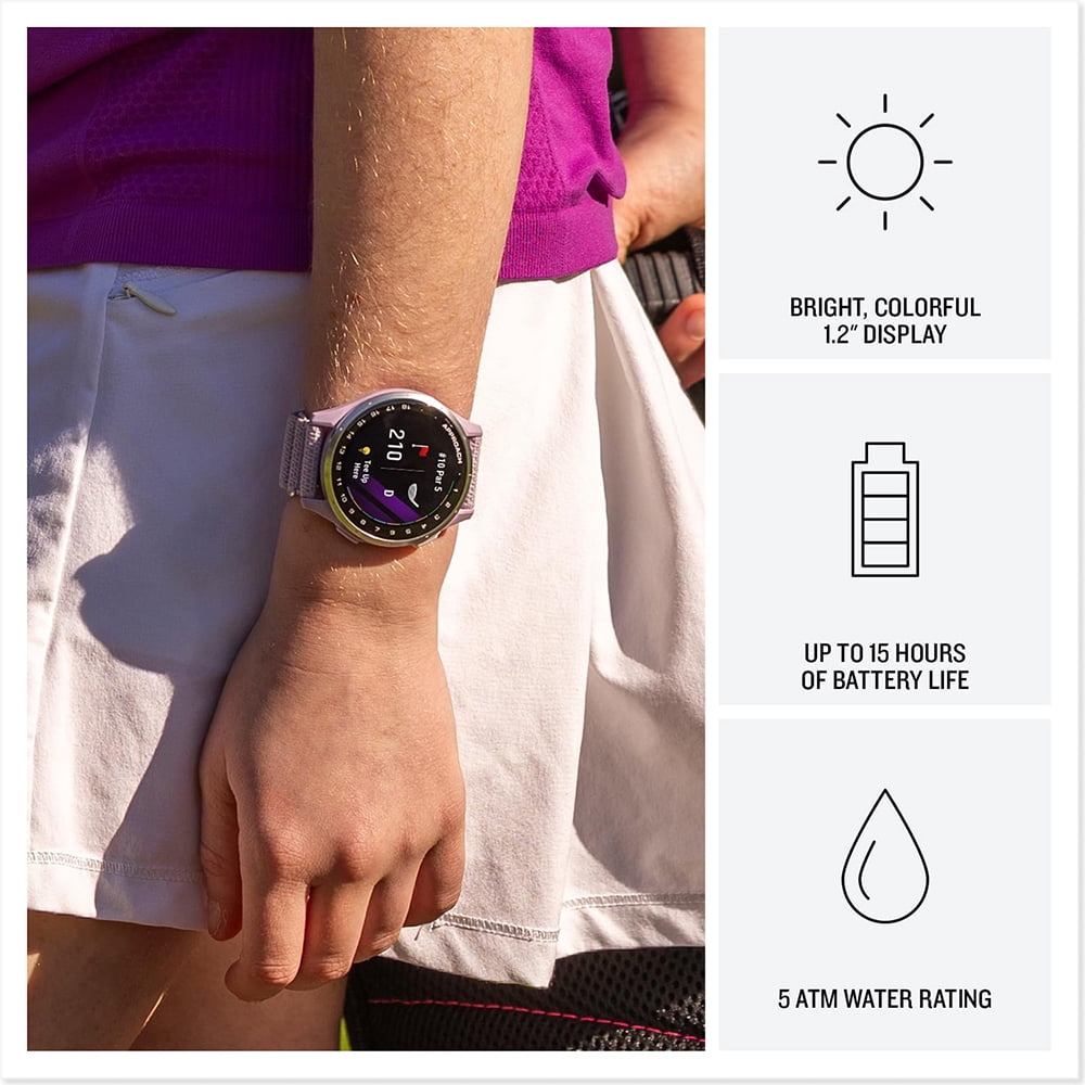 Garmin Approach J1 Silver Aluminum Bezel with Lilac ComfortFit Fabric Band 010-03898-10 Bundle with Deco Essentials Charging Dock, 3x Silicone Dust Cover and 2x 1.2 Inch Screen Protector