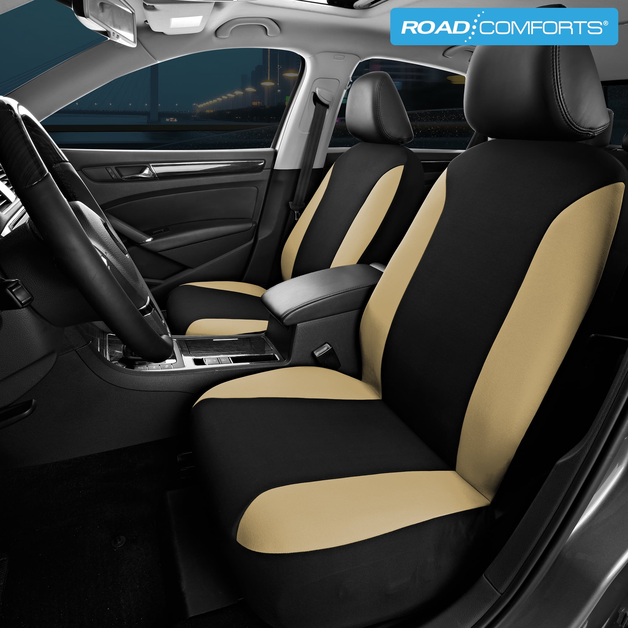 Road Comfort PolyPro Car Seat Covers Full Set – Front and Rear Split Bench, Easy to Install Cover Set, Univesal Fit For Auto Trucks Van SUV - Beige