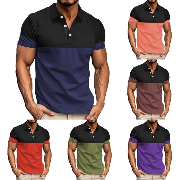 Hinvhai Mens Fashion Color Block Polo Shirts Short Sleeve Golf T Shirt Fashion Casual Lapel Collar Work Business T-Shirt Sky Blue 10(XL)