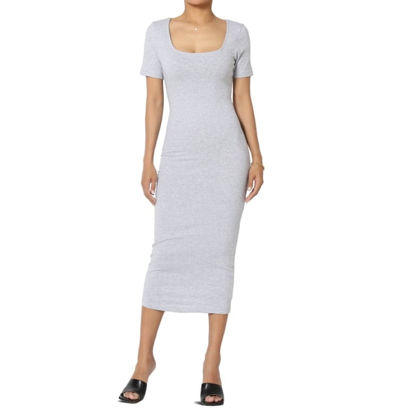TheMogan Women's S~XL Short Sleeve Square Neck Stretch Cotton Bodycon Pencil Midi Dress