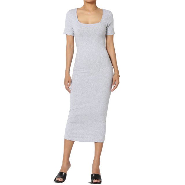 TheMogan Robe Midi Moulante Crayon en Coton Extensible à Manches Courtes et Encolure Carrée pour Femmes P-TG