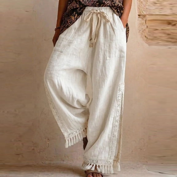 Wide Leg Pants for Women Flowy Palazzo Drawstring Elastic Waist Trousers with Pockets Casual Home Clothes