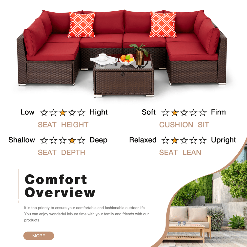Orol 7-Piece Outdoor Sectional Wicker Patio Furniture Conversation Sofa Set, Wine Red