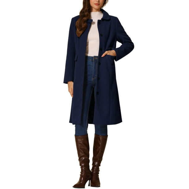 Abrigo de cuello INSPIRE CHIC para mujer, botones, de manga larga, estilo A-line, casual, abrigo largo de invierno, M azul oscuro