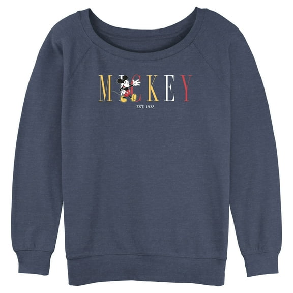Junior's Mickey & Friends EST. 1928 Logo Sweatshirt Blue Heather Small