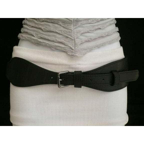 New Women Black Faux Leather Belt Fashion Hip High Waist Elastic Long Buckle S M