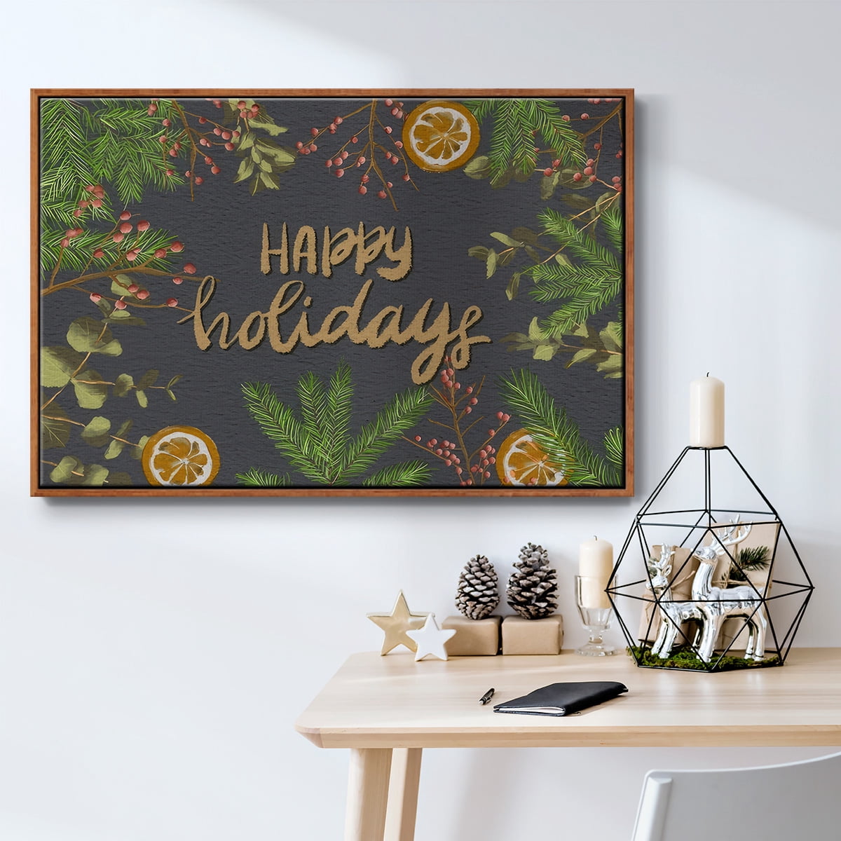 Holiday Sentiment II - Framed Gallery Wrapped Holiday Canvas - 27 x 41 - Rosewood Frame