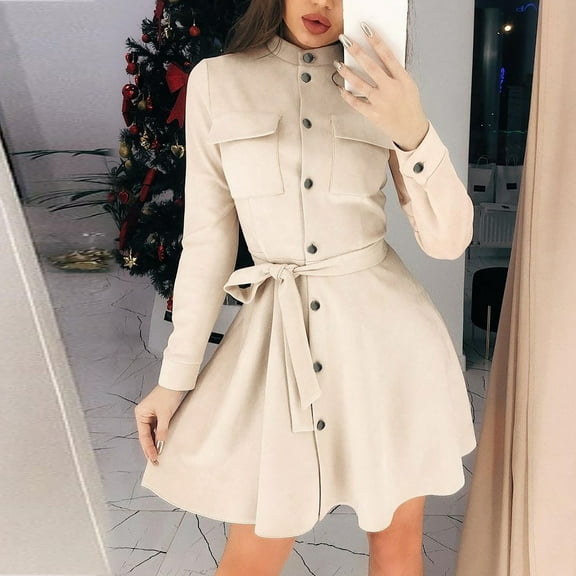 Sentmoon Pocket Tshirt Dress Women Long Sleeve Dresses for Women 2024 Casual Fashion Solid Color Short Dresses,OverSized Trendy Women Clothing Beige S