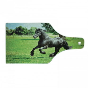 Horses Cutting Board, Friesian Male Horse Masculine Driving Force of Life Power Inner Strength, Decorative Tempered Glass Cutting and Serving Board, Wine Bottle Shape, Black Green, by Ambesonne