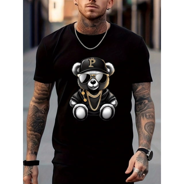 Men's T-shirt, Sunglasses Bear Print Short Sleeve Crew Neck Tees For Summer, Casual Outdoor Comfy Clothing For Male, Casual Sporty Tee, Summer Gifts