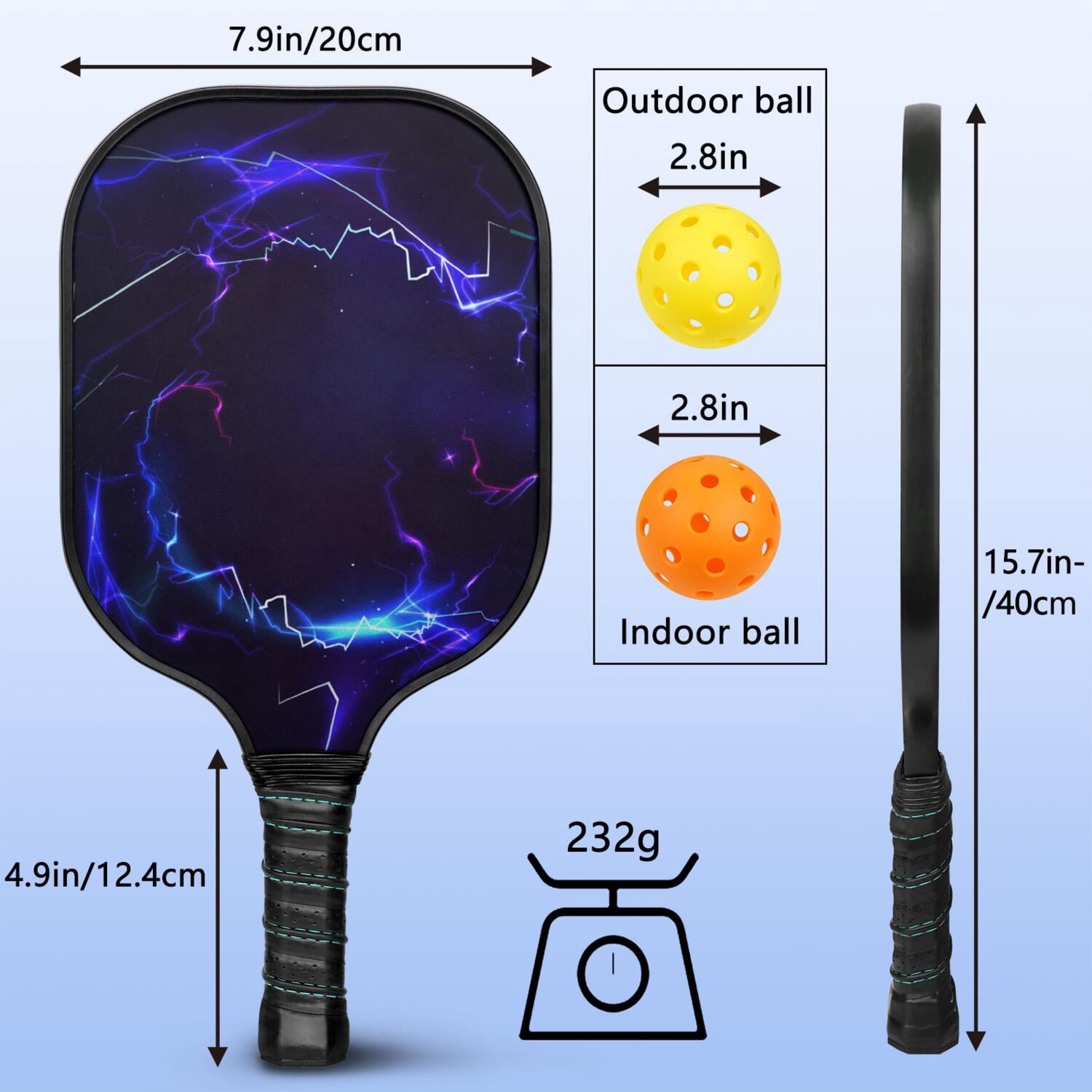 Pickleball Paddles Set Of 1, Fiberglass Surface, Speed, Lightning, Thunder Print, 1 Paddle, 2 Balls & Bag