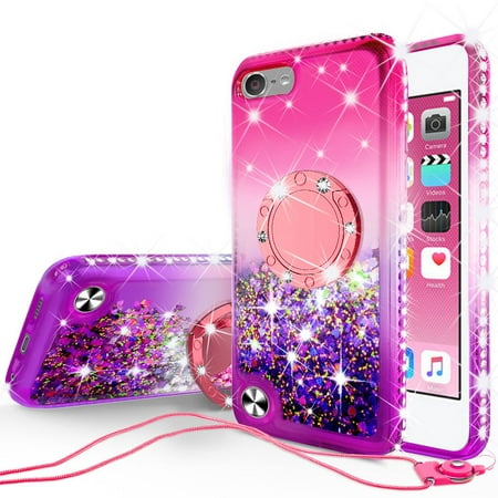 Apple iPod Touch 6/Touch 5 Case, Girls Women Bling Liquid Glitter Phone Case Ring Kickstand Shock Proof Floating Quicksand Protective Cover for iPod Touch 6th/Touch 5th Gen - Pink