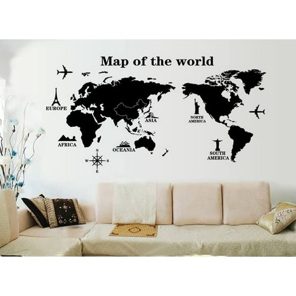 World Tour World Map Wall Stickers, Living Room Bedroom Removable Stickers, A.