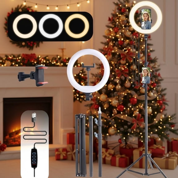 10-inch Professional Ring Light with 76" Adjustable Tripod - 3 Color Modes & Stepless Dimming LED for TikTok/YouTube/Product Shots, Stable Phone Holder Included - Even Light for Crisp Videos/Photos