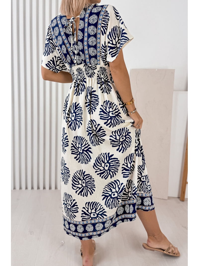 blue floral patchwork dress Women's Viscose Shirred Midi – Print, Short Sleeve V-Neck for Summer Daily Wear, L Men's US Size:9 The dress features a eoss-fp-june26 Max & Lily Sutton