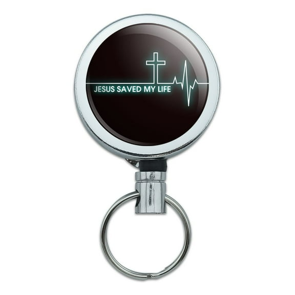 Jesus Saved My Life EKG Heart Rate Pulse Religious Christian Heavy Duty Metal Retractable Reel ID Badge Key Card Tag Holder with Belt Clip