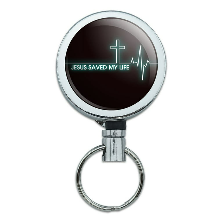 Jesus Saved My Life EKG Heart Rate Pulse Religious Christian Heavy Duty  Metal Retractable Reel ID Badge Key Card Tag Holder with Belt Clip 