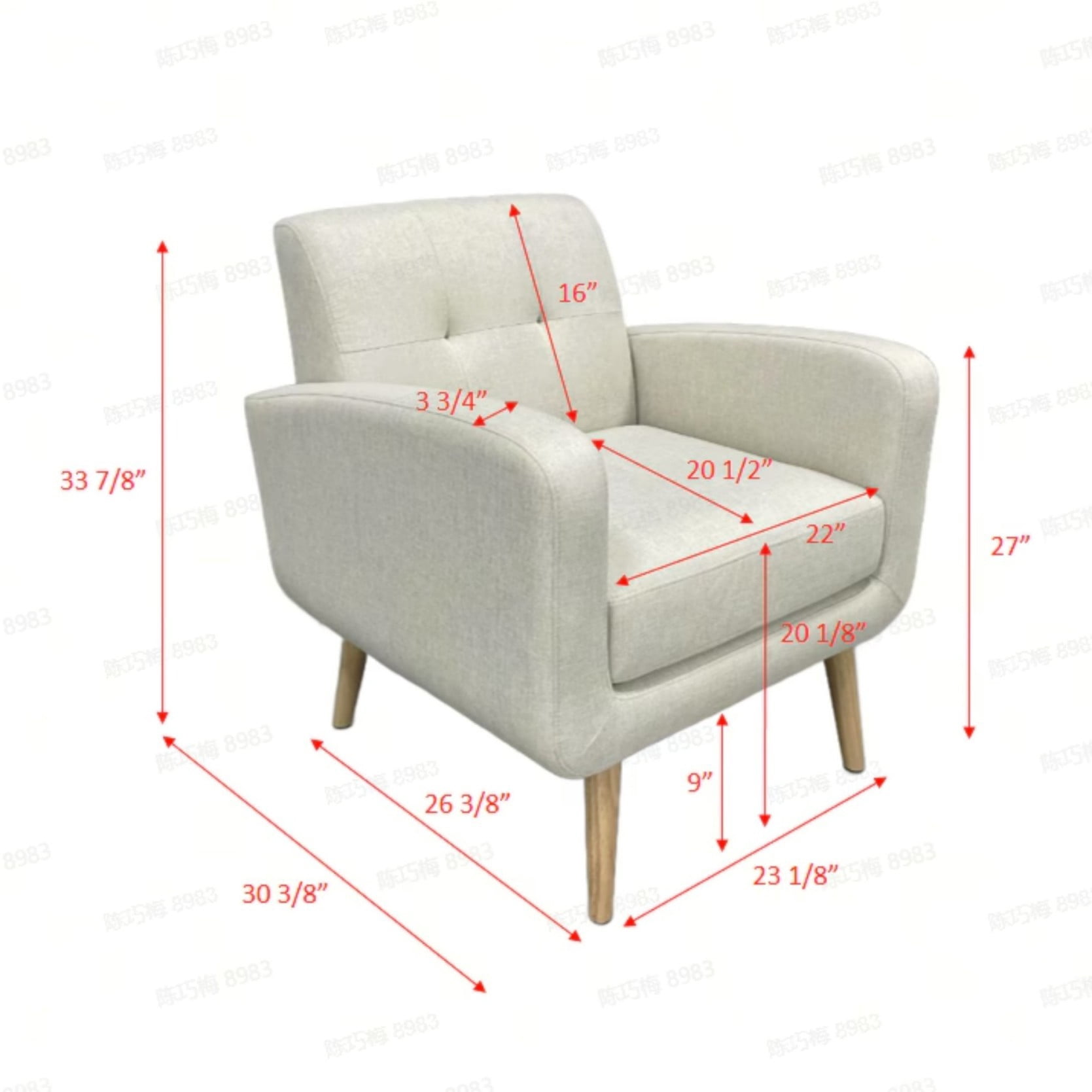 Mid-Century Modern Accent Armchair, Upholstered Fabric Living Room Chair with Deep Seat, Padded Arms & Rubber Wood Legs, Beige