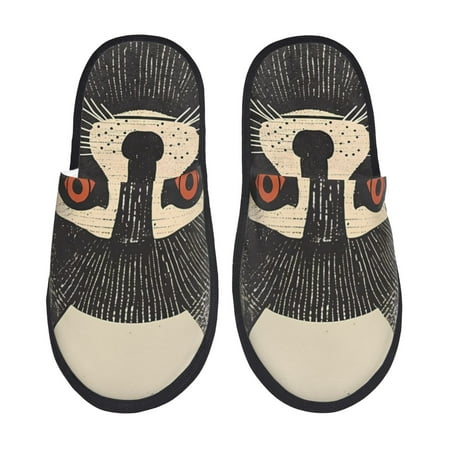 Balery Retro Raccoon Graphic Print Slient Indoor Furry Fleece Comfort House Shoes Soft Non-Slip Home Shoes Cotton slippers House Slippers-- Medium