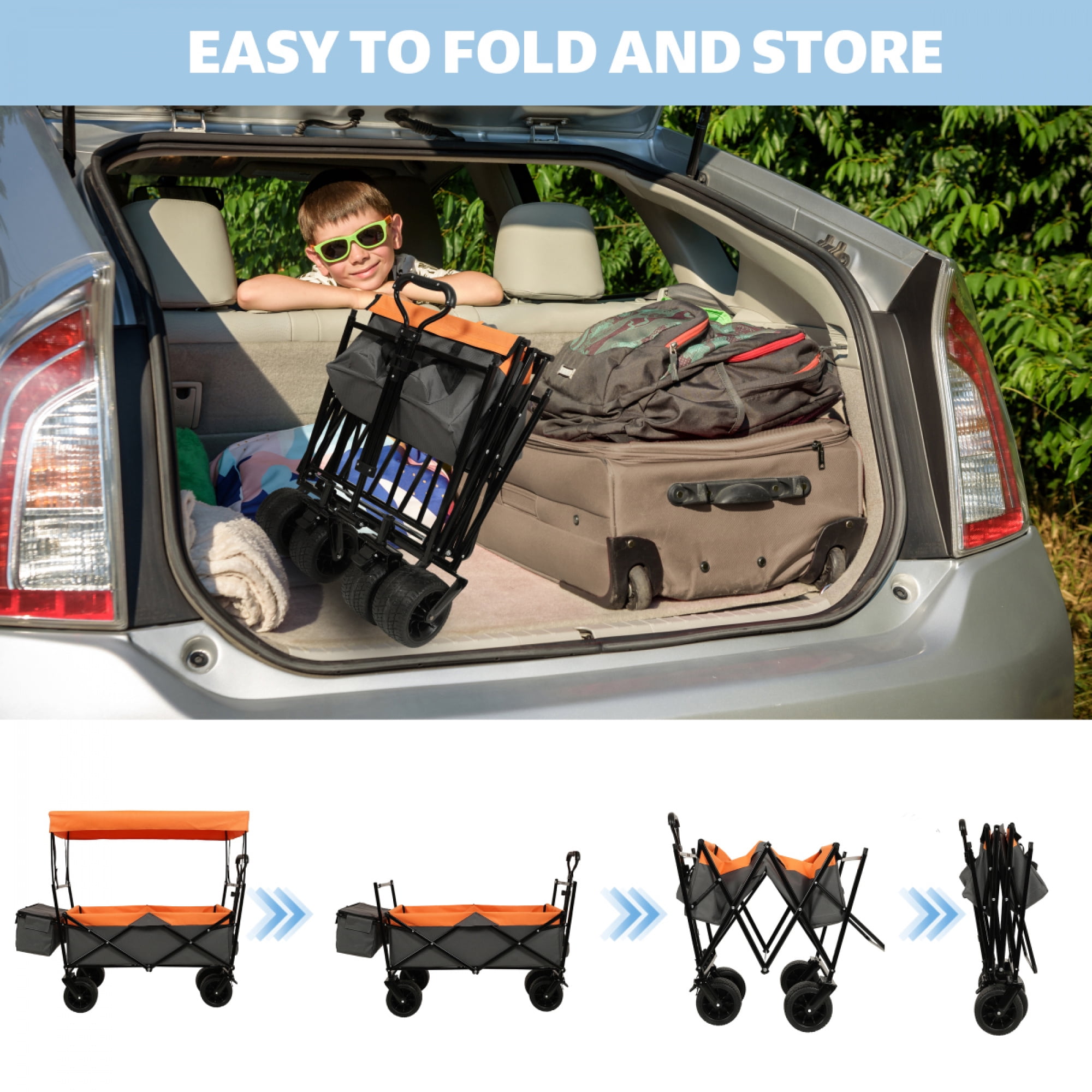 480Lbs Collapsible Wagon with Canopy, Wagon Stroller with 7" All-Terrain Wheels, Lightweight Foldable Large Capacity Wagon with Mosquito Net,Camping, Shopping, Sports & Garden Use,Orange