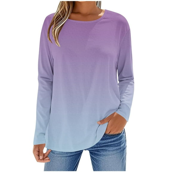 Womens Ombre Tie Dye T-Shirts, Long Sleeve Shirts for Women Fall Fashion Loose Fit Crewneck Graphic Tees