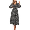 thumbnail image 1 of Vestido largo informal de fiesta holgado con escote en V, manga larga y volantes con estampado de leopardo estilo bohemio para mujer, 1 of 7