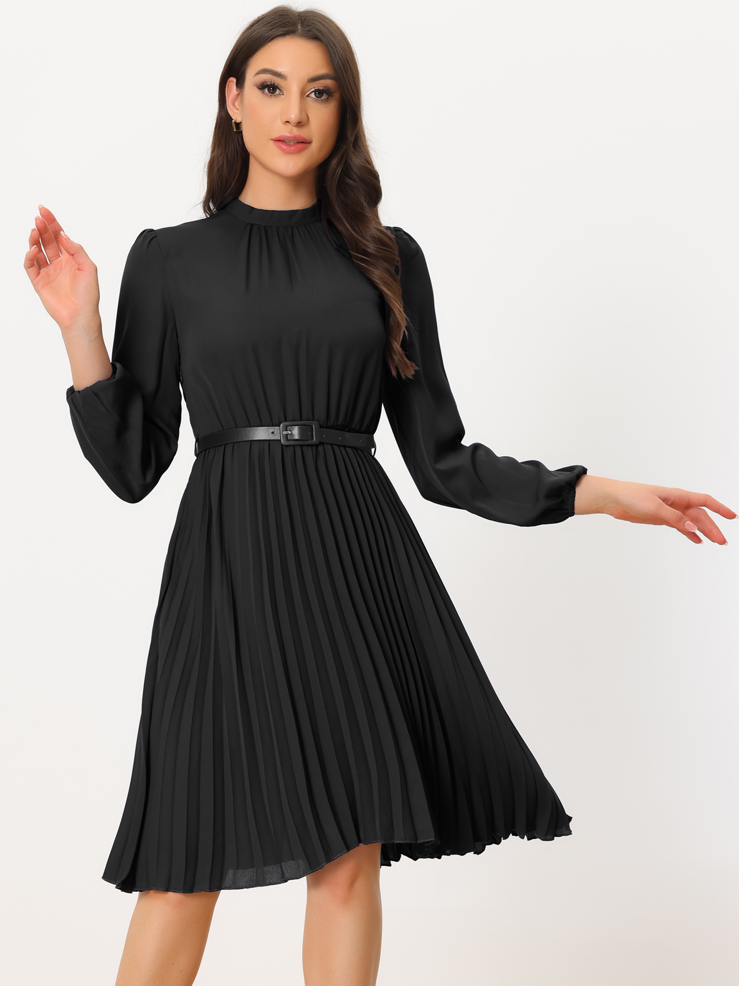 DARING DIVA Work Shirt Long Sleeve Pleated Midi Dress S Black