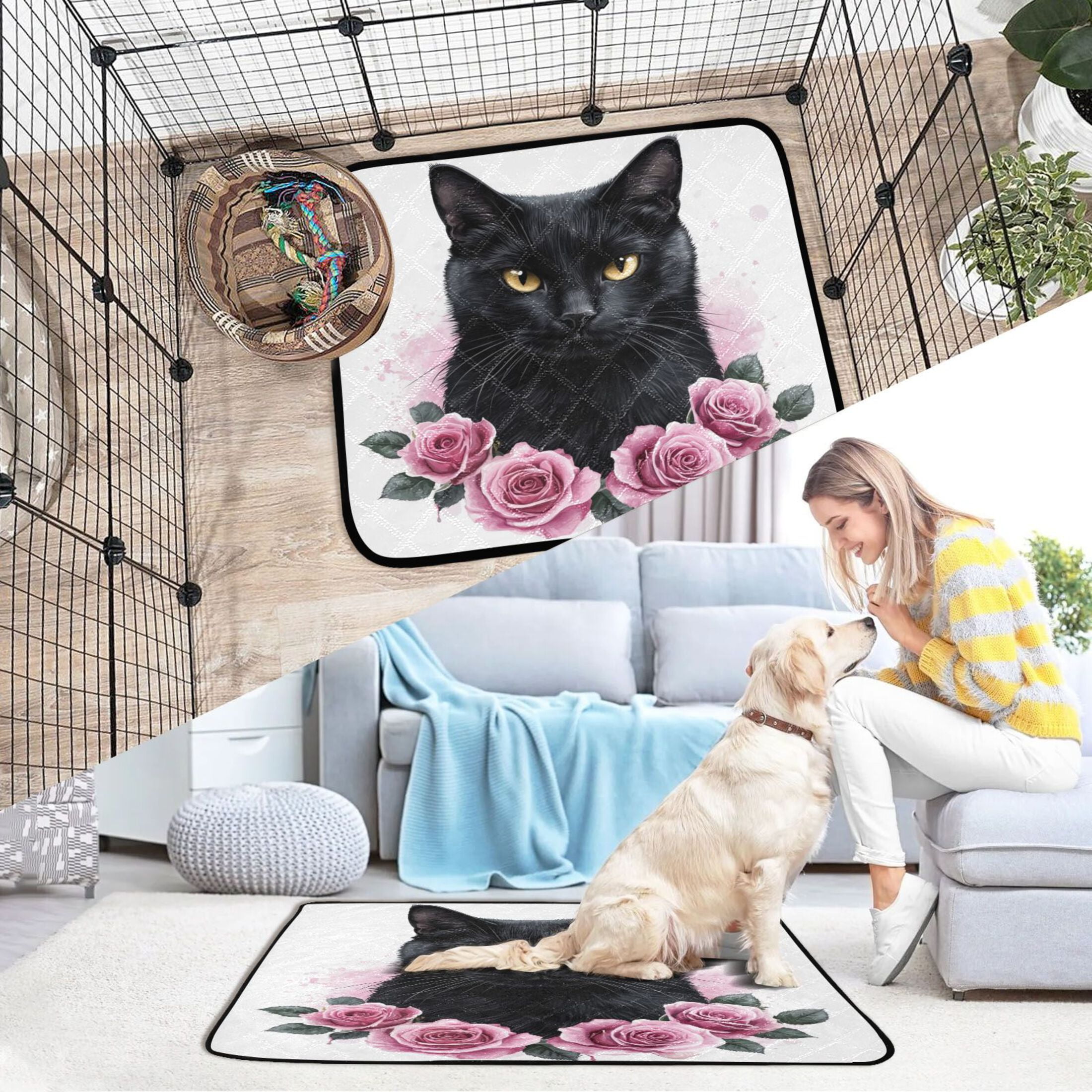 Qxltty Black Cat with Pink Roses Cat litter Pads Pet Set of 3 Diaper Mats Center Anti-leakage Layer Absorbent Soft and Comfortable
