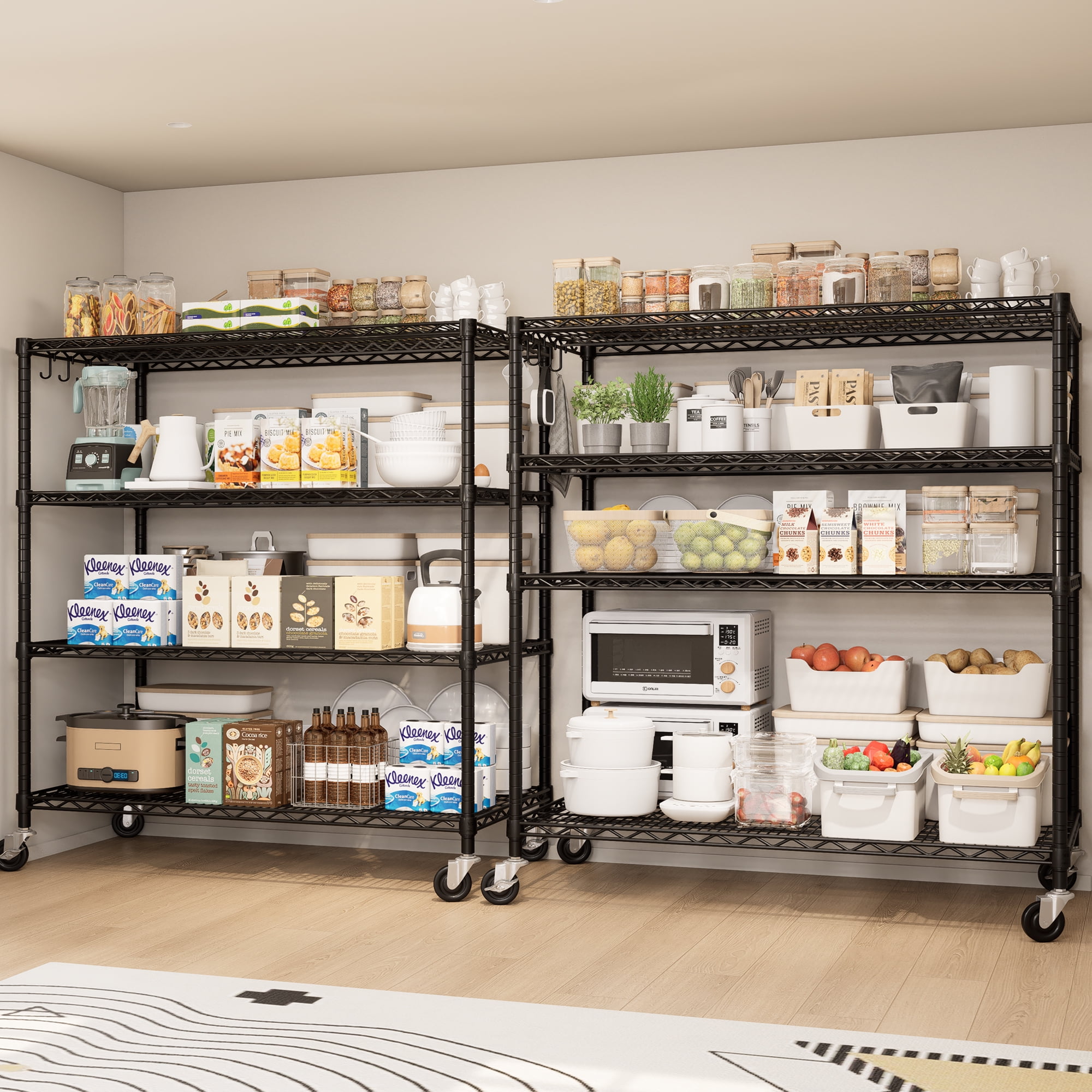 TrumanPick 55.5"W x 24"D x 76"H Heavy Duty Storage Shelves - 2400LBS Garage Shelving with Wheels & Feet, 4-Tier Adjustable Metal Wire Shelving Unit for Pantry Kitchen Commercial Industrial, Black