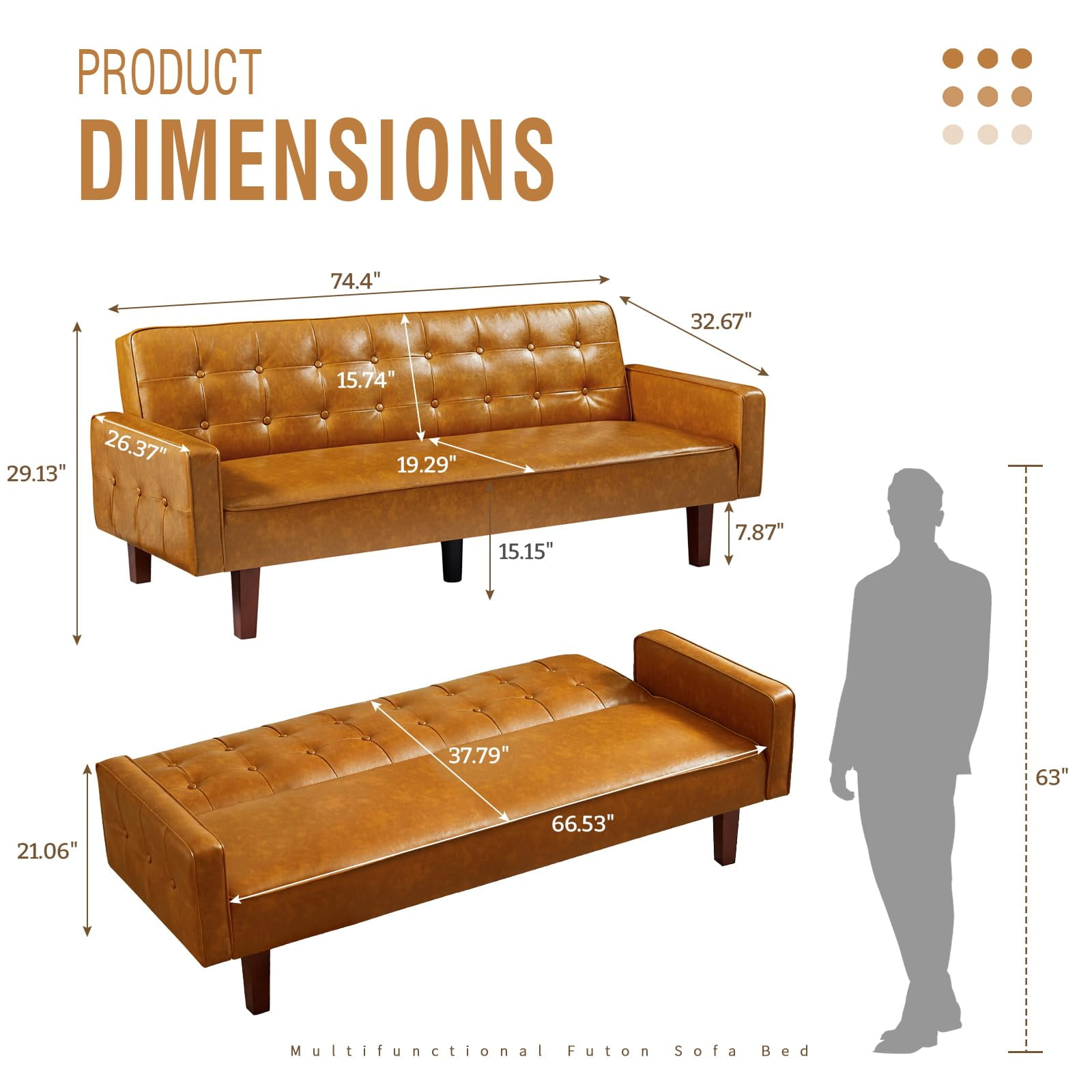 Aukfa 75" Button-Tufted Futon Convertible Sofa Bed for Home Office, Leather, Brown