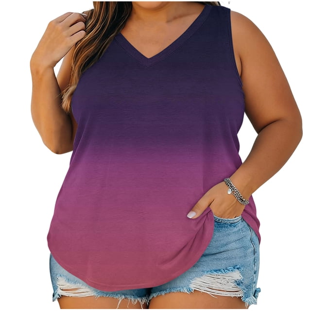 ZVNAH Camisole Dégradée pour Femme Grande Taille, Tunique d'Été Fluide Sans Manches à Col en V, P-5TG