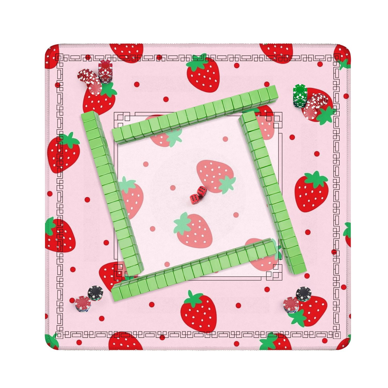 Mahjong Mat 31.5" x 31.5" Cute Strawberry Red Berries Green Leaves Pink Non-Slip Noise Reduction American Mahjong Tiles Table Cover for Dominoes Poker Card Board Games Gift