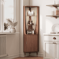 JOINICE 70" Tall Corner Bar Cabinet with Doors and Storage,Mid Century Modern Fluted Wood Liquor Cabinet with Shelves, for Living Room,Dining Room,Kitchen,Walnut