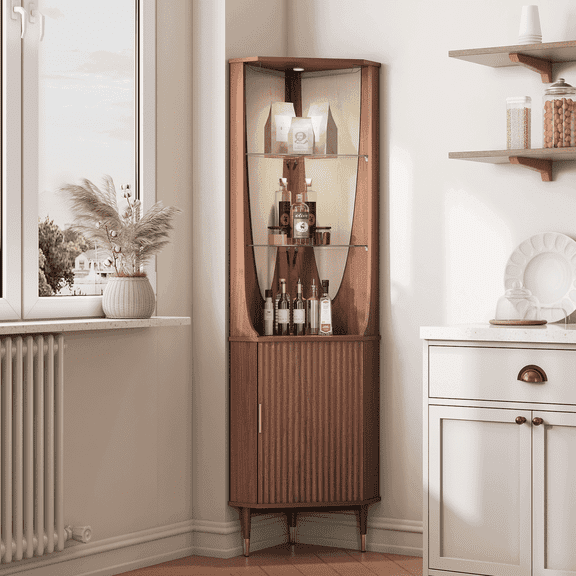 JOINICE 70" Tall Corner Bar Cabinet with Doors and Storage,Mid Century Modern Fluted Wood Liquor Cabinet with Shelves, for Living Room,Dining Room,Kitchen,Walnut