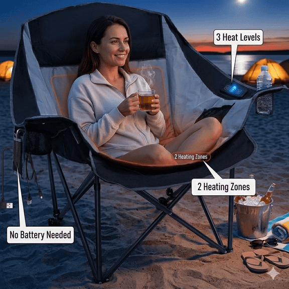 DKMOCO Oversized Folding Heated Camping Chairs for Adults with 3 Heat Levels 2 Heating Zones and Padded High Back for Outdoor Sports Lawn Camping Black