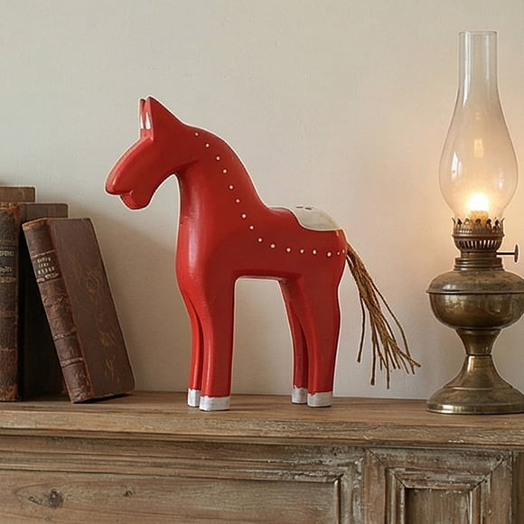 Wooden Rocking Horse Ornament with Hemp Rope for Christmas or New Year Decorations, White and Red Wood Figurine for Home or Party Decor