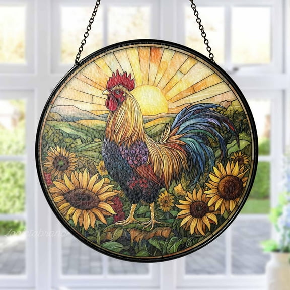 Rooster and Sunflower Stained Glass Suncatcher, Farmhouse Window Hanging, Rustic Ornament Gift for Country Home Decor